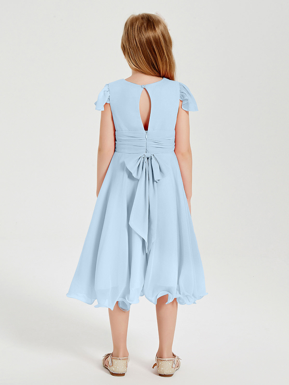Chiffon Tea Length Junior Bridesmaid Dresses Sky Blue